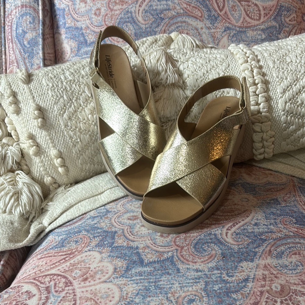 LifeStride with Soft System Gold Sandals with Slingback and Wedge